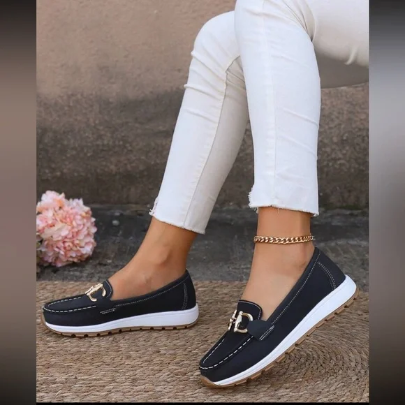 Women's Black Vegan Leather Loafers with Gold Buckle - Picture 3 of 4